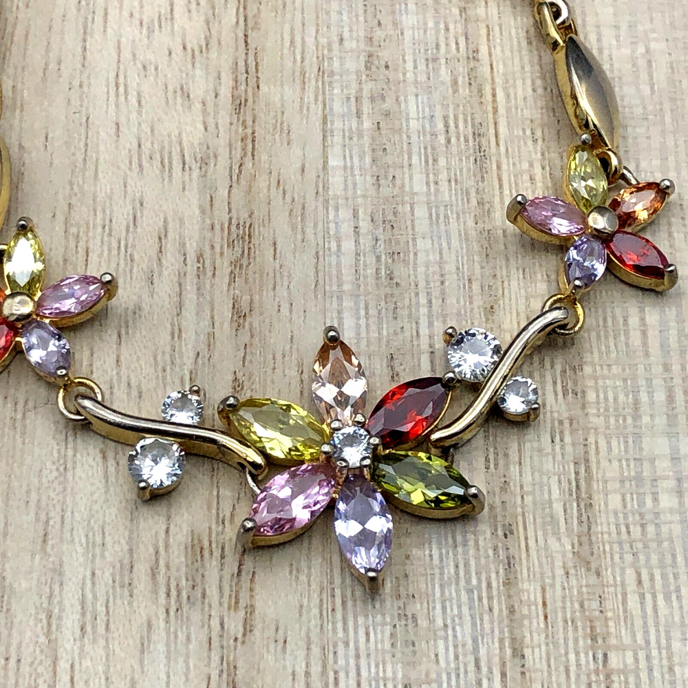 Multi Color Crystal Bracelet 6.5 inch Rhinestone Flower Link Leaf Vine Gold Tone - Picture 6 of 10